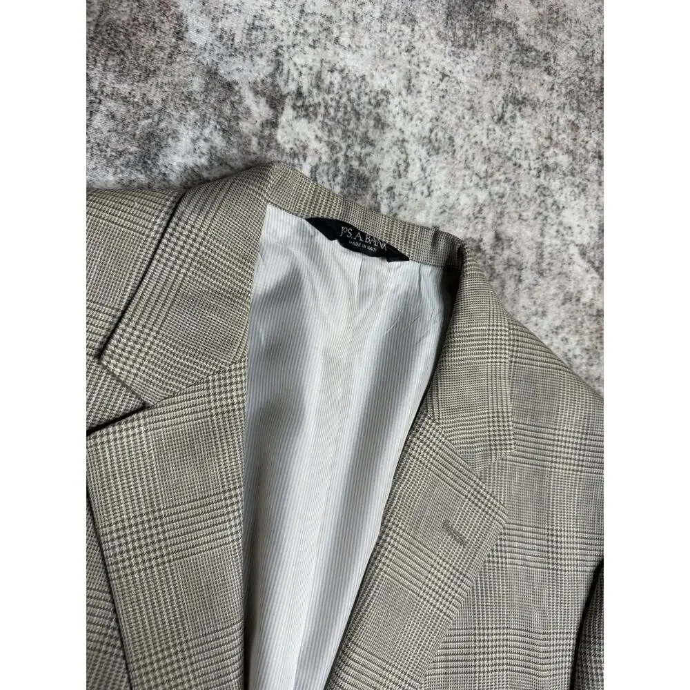 Jos A. Bank Men's Brown Herringbone Plaid Silk Wool Linen Suit Blazer Jacket 44L